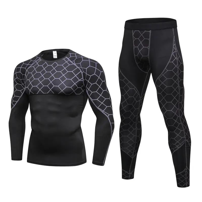 Men's Compression Run jogging Suits Grid Clothes Sports Set Long t shirt And Pants Gym Fitness workout Tights clothing 2pcs Sets by Dropshipman
