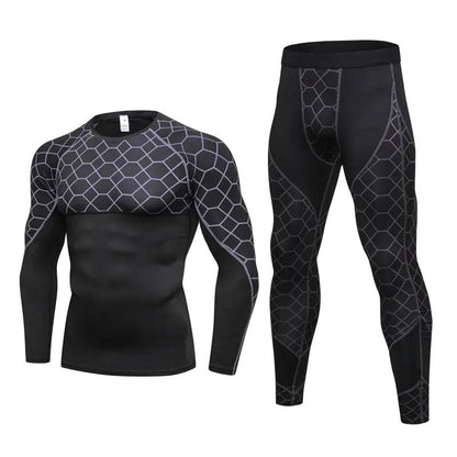 Men's Compression Run jogging Suits Grid Clothes Sports Set Long t shirt And Pants Gym Fitness workout Tights clothing 2pcs Sets by Dropshipman