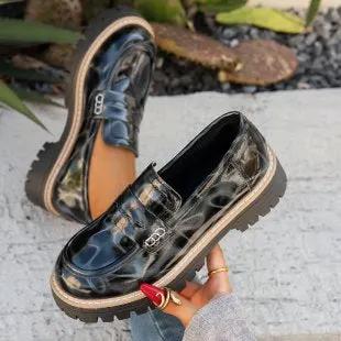 New Autumn Leather Belt-Buckle Patent Leather Leopard-Print Vintage Womens Shoes by Dropshipman
