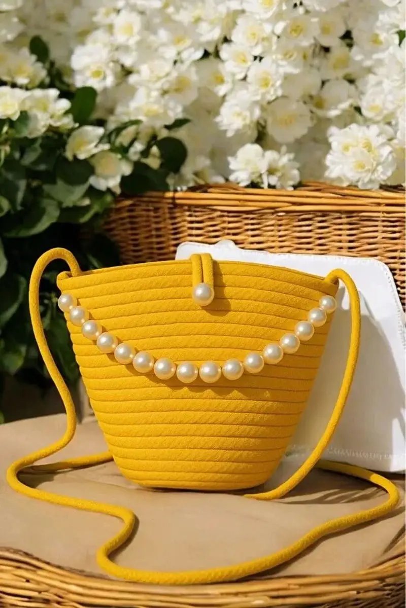 Women Yellow Pearl Design Shoulder Bag Elegant Daily Handbag by All Mart Bristol Ltd