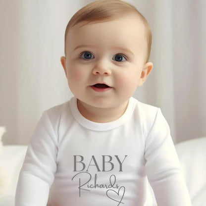 Personalised Surname Heart Baby Outfit: Bib, Vest, Baby Grow by Aye Do Gifts