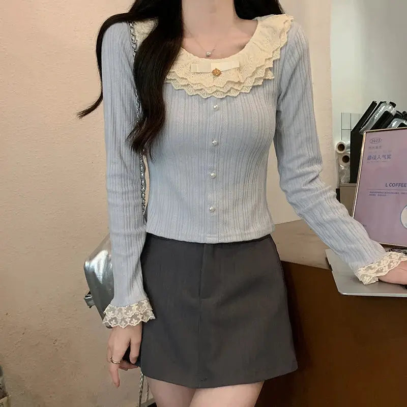 Women's 2026 Spring Autumn New Sweet Cute Lace Thin Short Slim Fit Crew Neck Long Sleeve T Shirt Base Top by All Mart Bristol Ltd