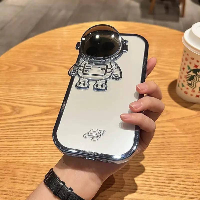 Glitter Astronaut Camera Stand Phone Case For I14 13 12 11 Pro Max XR 14 Plus Invisible Lens Bracket Plating Soft Cover by Dropshipman
