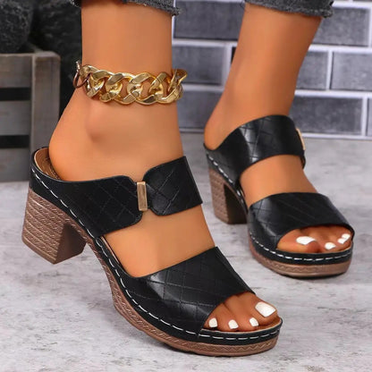Chunky Heel Sandals Summer Round Toe Plaid Slides Slippers Fashion Outdoor High Heels Shoes For Women by Dropshipman