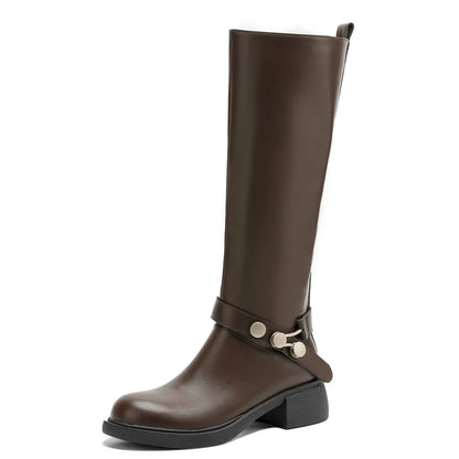 MILI-MIYA New Women's Cowhide Riding Boots Round-Toe Chunky Heel Solid-Colour Knee-High Boots Classic Metal Buckle Detail Handma by All Mart Bristol Ltd