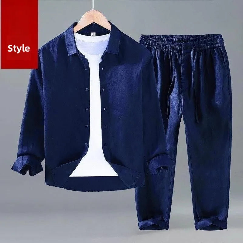 Men's Long Sleeve Linen Shirt Casual Summer New Style Drapey Cotton Linen Shirt Pure Color Pants Youth Fashion Clothing by All Mart Bristol Ltd