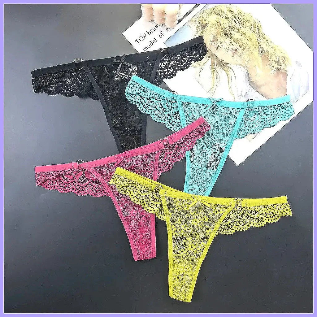 4Pcs Sexy Lace Thong Panties Women Low Rise Transparent Lingerie Set Plus Size by All Mart Bristol Ltd