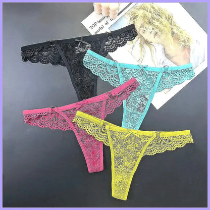4Pcs Sexy Lace Thong Panties Women Low Rise Transparent Lingerie Set Plus Size by All Mart Bristol Ltd