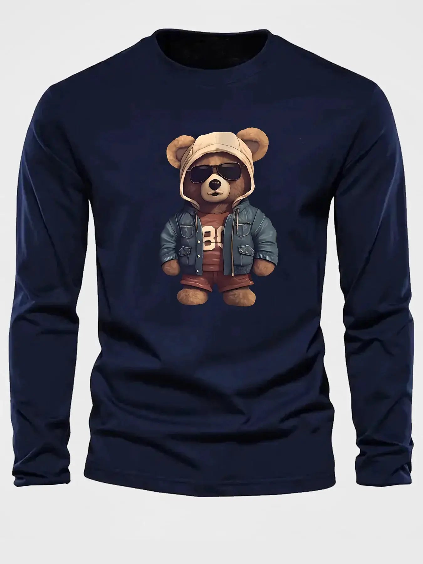 100 cotton men's casual long sleeved round neck loose bear pattern printed autumn and winter T-shirt top versatile by All Mart Bristol Ltd