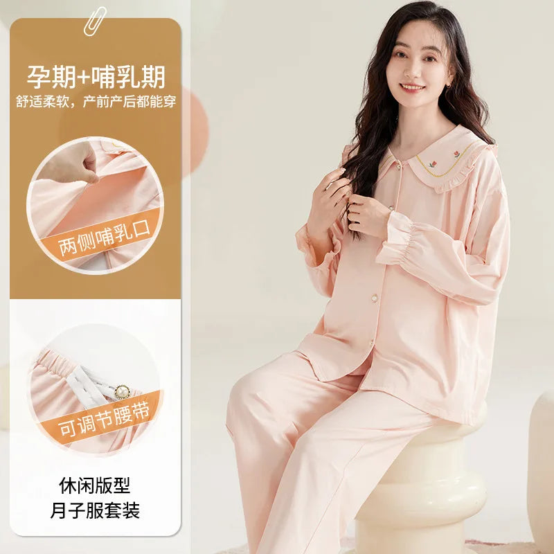 Maternity Women Pajamas Set Pregnant Pure Cotton Breastfeeding Loungewear Sweet Long Sleeve Trousers Cardigan 2 Piece Set Pjs by All Mart Bristol Ltd