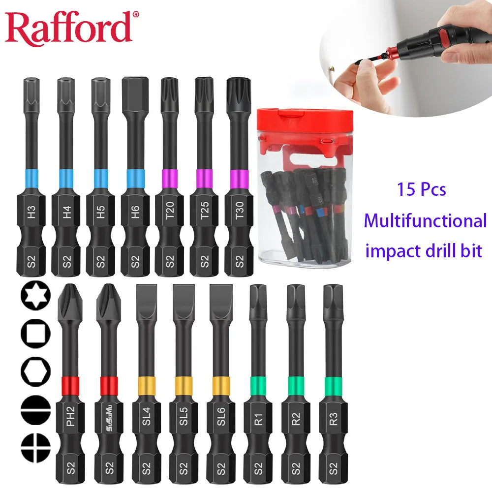 Rafford 15PCS Impact Ready Magnetic Screwdriver Bits Set - 2 Inch Anti-Slip for Impact/Cordless Drill | Torx/Hex/Phillips Head by All Mart Bristol Ltd