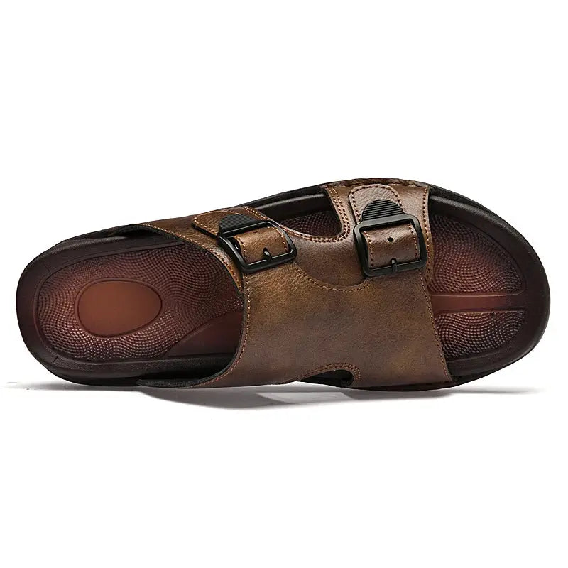 Summer Mens Leather Slippers Men Adjustable Slides Casual Sandals Brown Black Comfortable by All Mart Bristol Ltd