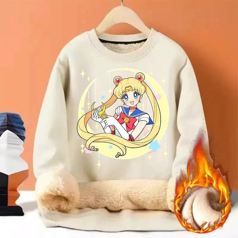 Sailor Moon Woman Thick Sweatshirt Lamb Wool Round Neck Hoodid Girl Cute Long Sleeves Fashion Sportswear Winter Warm Cartoon Top by All Mart Bristol Ltd