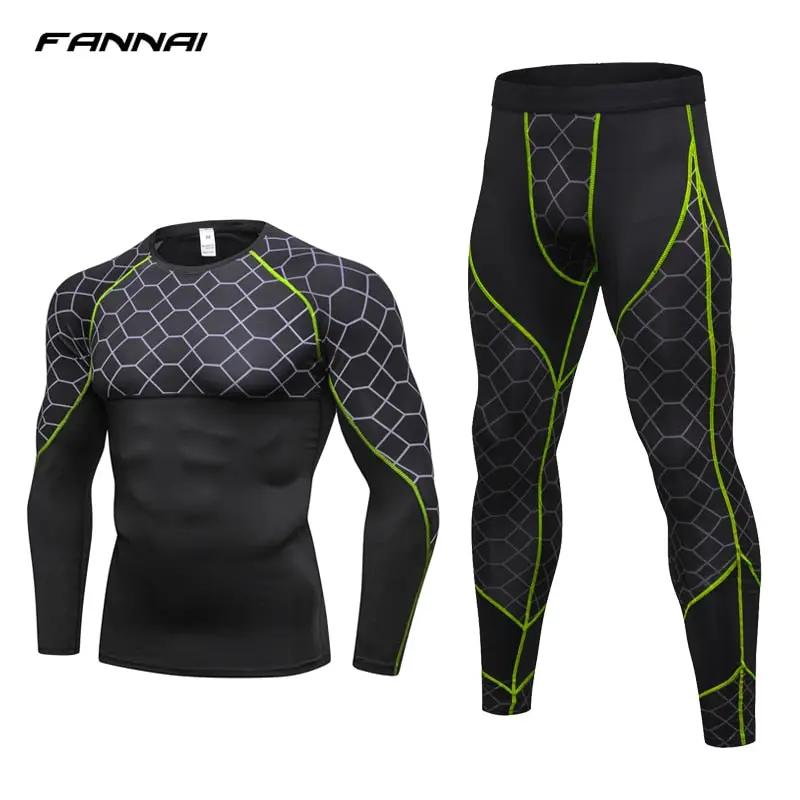 Men's Compression Run jogging Suits Grid Clothes Sports Set Long t shirt And Pants Gym Fitness workout Tights clothing 2pcs Sets by Dropshipman