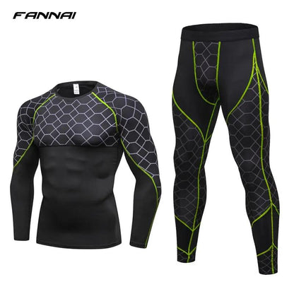 Men's Compression Run jogging Suits Grid Clothes Sports Set Long t shirt And Pants Gym Fitness workout Tights clothing 2pcs Sets by Dropshipman