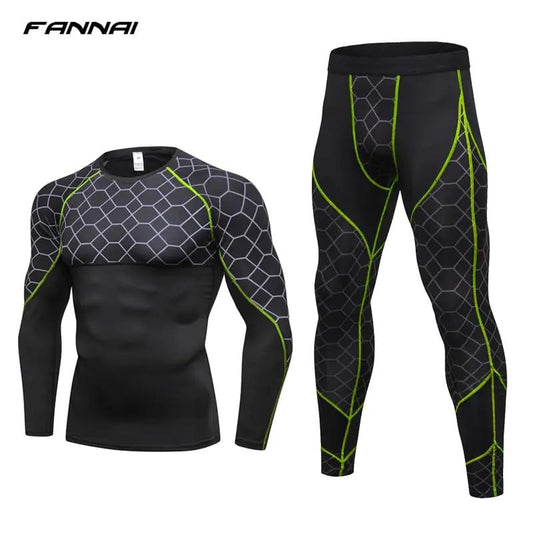 Men's Compression Run jogging Suits Grid Clothes Sports Set Long t shirt And Pants Gym Fitness workout Tights clothing 2pcs Sets by Dropshipman