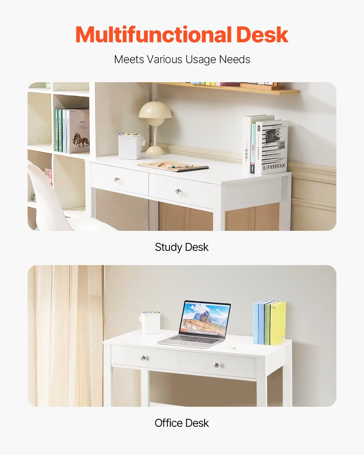 VEVOR Small Desk with Drawers, Kids Desk for Bedroom, Modern Simple Study Table for Drawing, Reading, Writing, Rectangle MDF Furniture Study Storage Table for Home, Office, White by All Mart Bristol Ltd