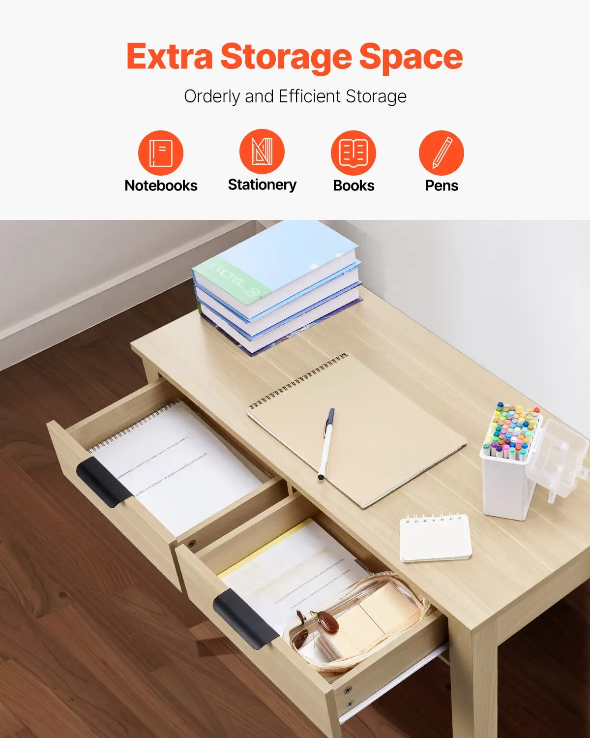 VEVOR Small Desk with Drawers, Kids Desk for Bedroom, Modern Simple Study Table for Drawing, Reading, Writing, Rectangle MDF Furniture Study Storage Table for Home, Office, Light Wood by All Mart Bristol Ltd