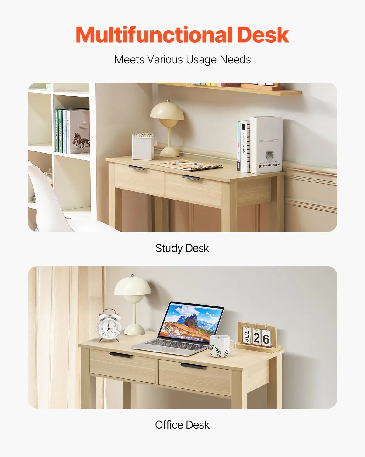 VEVOR Small Desk with Drawers, Kids Desk for Bedroom, Modern Simple Study Table for Drawing, Reading, Writing, Rectangle MDF Furniture Study Storage Table for Home, Office, Light Wood by All Mart Bristol Ltd
