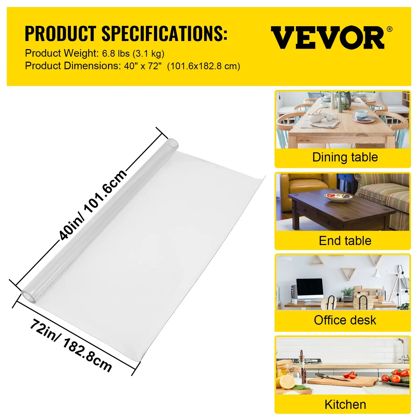 VEVOR Plastic Table Cover 40 x 72 Inch, 1.5 mm Thick Clear Table Protector, Rectangle Clear Desk Mat, Waterproof & Easy Cleaning for Office Dresser Night Stand by All Mart Bristol Ltd