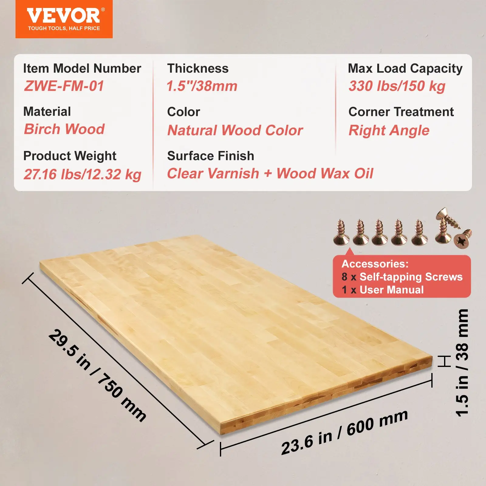 VEVOR Wood Table Top, 29.5" x 23.6" x 1.5", 330lb Load Capacity, Universal Solid One-Piece Maple Wood Desktop for Height Adjustable Electric Standing Desk Frame, Rectangular Countertop for Home Office by All Mart Bristol Ltd