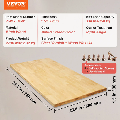 VEVOR Wood Table Top, 29.5" x 23.6" x 1.5", 330lb Load Capacity, Universal Solid One-Piece Maple Wood Desktop for Height Adjustable Electric Standing Desk Frame, Rectangular Countertop for Home Office by All Mart Bristol Ltd