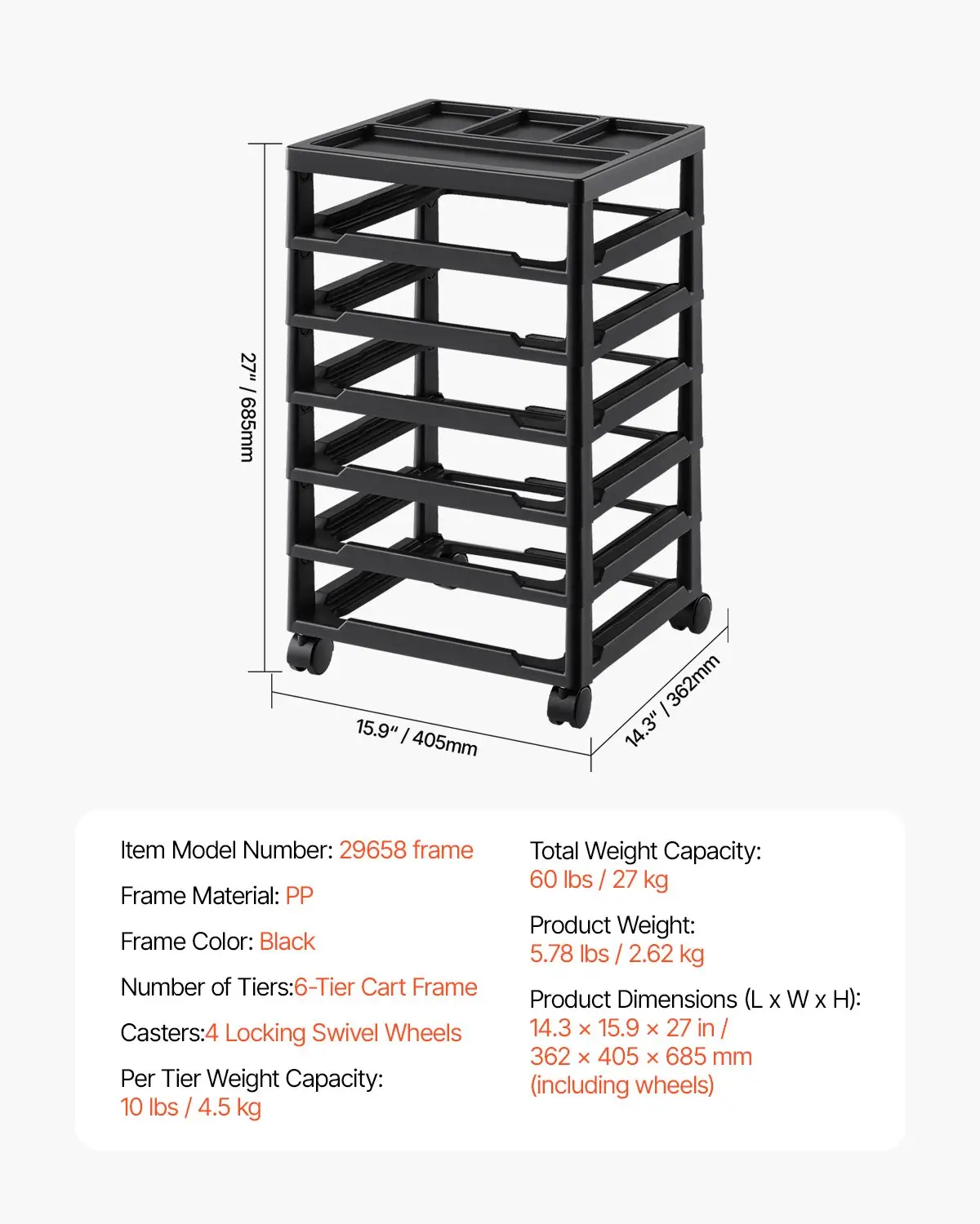 VEVOR Scrapbook Rolling Storage Cart, 6-Tier Large Capacity with Organizer Top, Black Frame with 4 Removable Wheels, PP Material Cart Only, Rolling Craft Storage for Office Arts and Crafts Supplies by All Mart Bristol Ltd