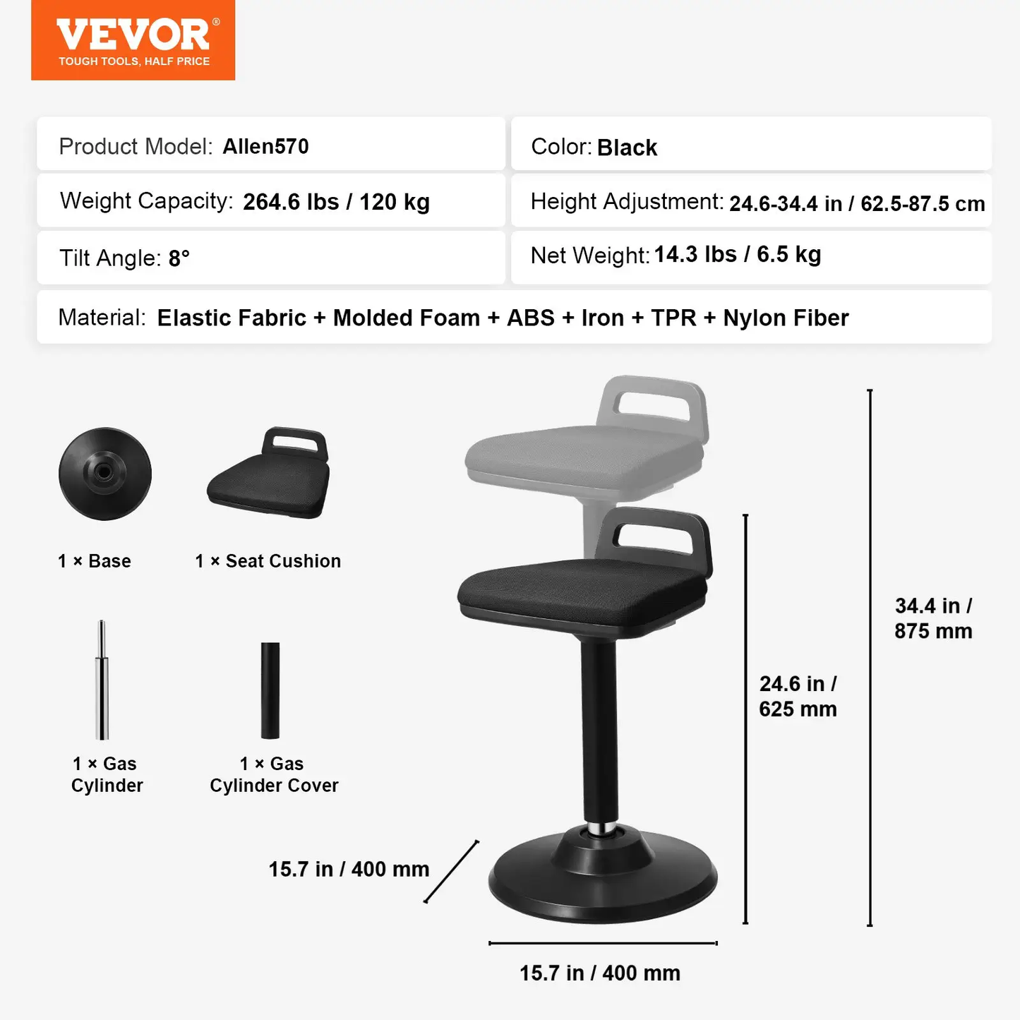VEVOR Active Chair with Handle, Height-Adjustable (24.6-34.4") Wobble Chair Made of Elastic Fabric & 45 mm Foam, Ideal for Schools, Office and Home, 8° Tilt Angle, Age 12-18, Black by All Mart Bristol Ltd