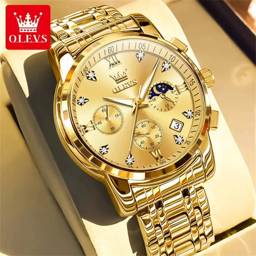 OLEVS Popular men's watches stainless steel black Moon Phase Chronograph quartz watch for man date Original brand wristwatch by All Mart Bristol Ltd