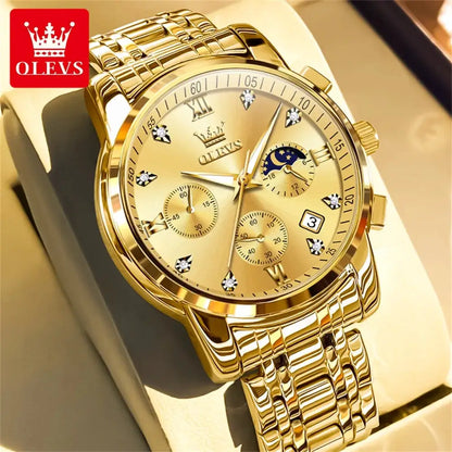 OLEVS Popular men's watches stainless steel black Moon Phase Chronograph quartz watch for man date Original brand wristwatch by All Mart Bristol Ltd