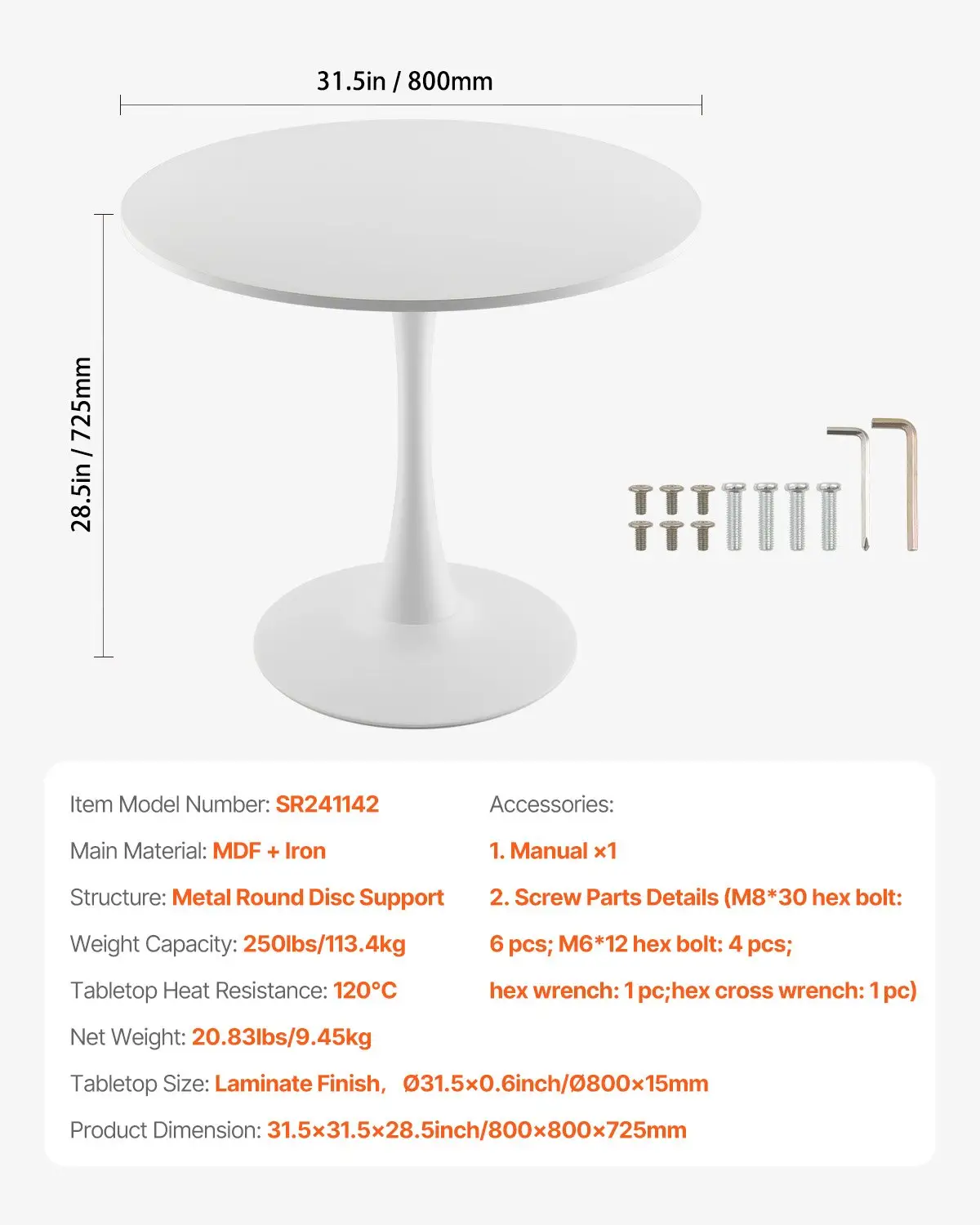 VEVOR Round Dining Table, 31.5 in Wood Table for 2-4 Person, Modern Circle Furniture, Leisure Coffee Office Tables with Pedestal Base in Tulip Design, for Home Kitchen Living Room, White(Only Table) by All Mart Bristol Ltd