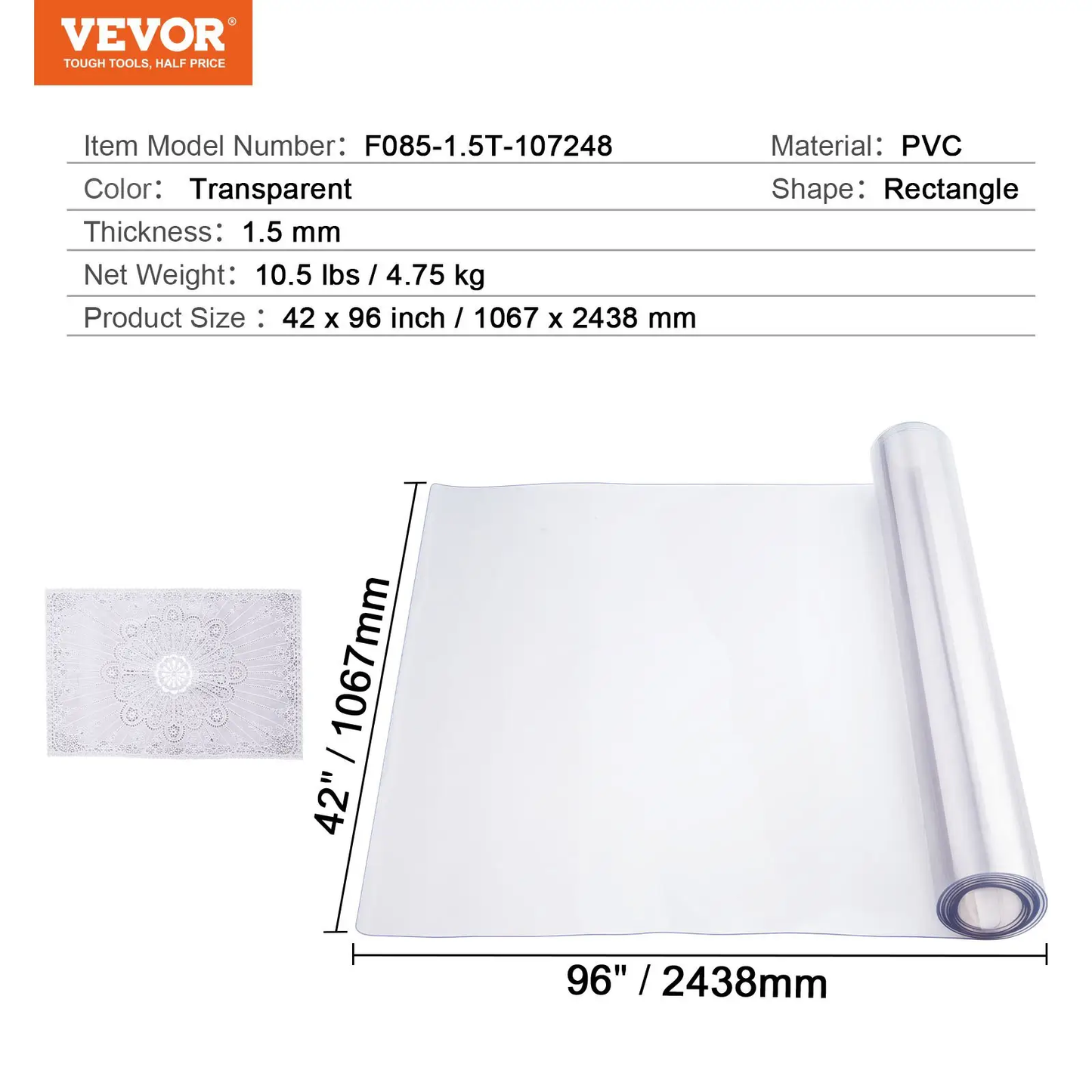 VEVOR Plastic Table Cover, 42 x 96 Inch 1.5 mm Thick Clear Table Protector, Rectangle PVC Desk Mat, Waterproof & Easy Cleaning Desk Pad Tablecloth, for Office Dresser Dining Room Table Night Stand by All Mart Bristol Ltd