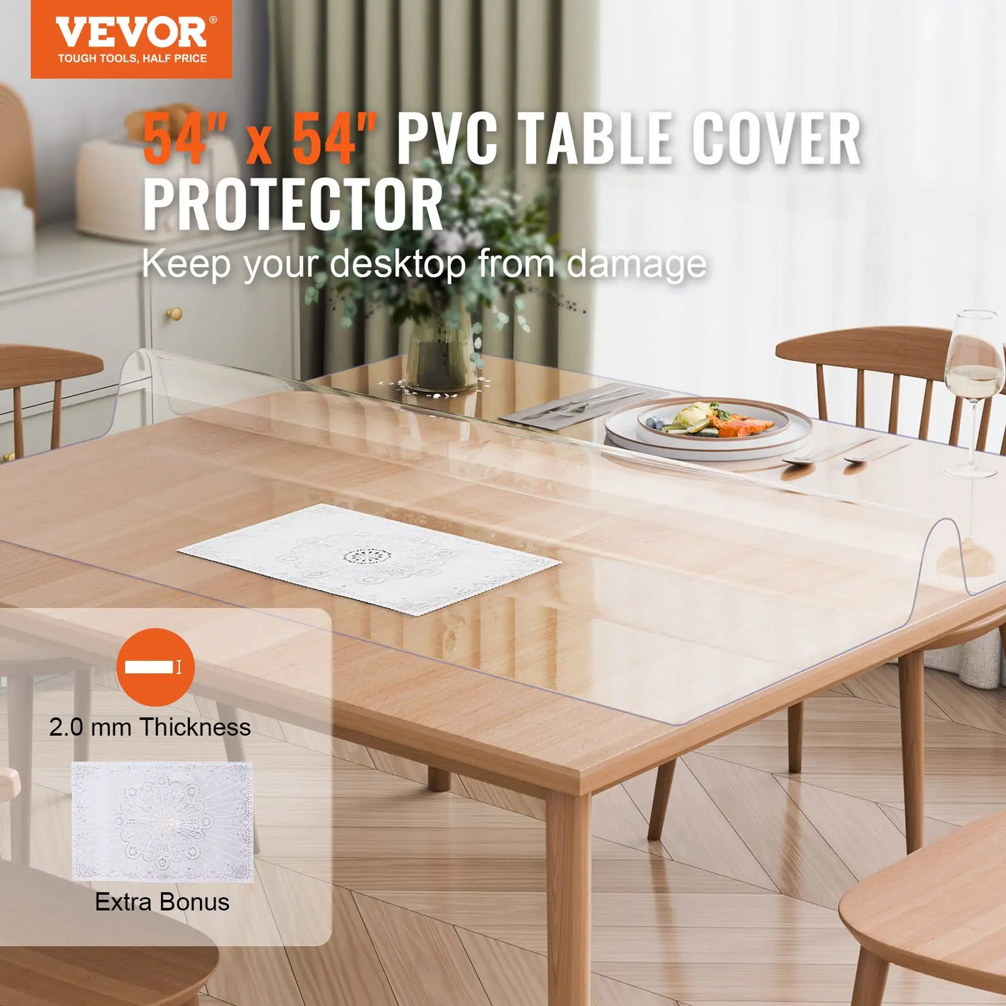 VEVOR Plastic Table Cover, 54 x 54 Inch 2.0 mm Thick Clear Table Protector, Square PVC Desk Mat, Waterproof & Easy Cleaning Desk Pad Tablecloth, for Office Dresser Dining Room Table Night Stand by All Mart Bristol Ltd