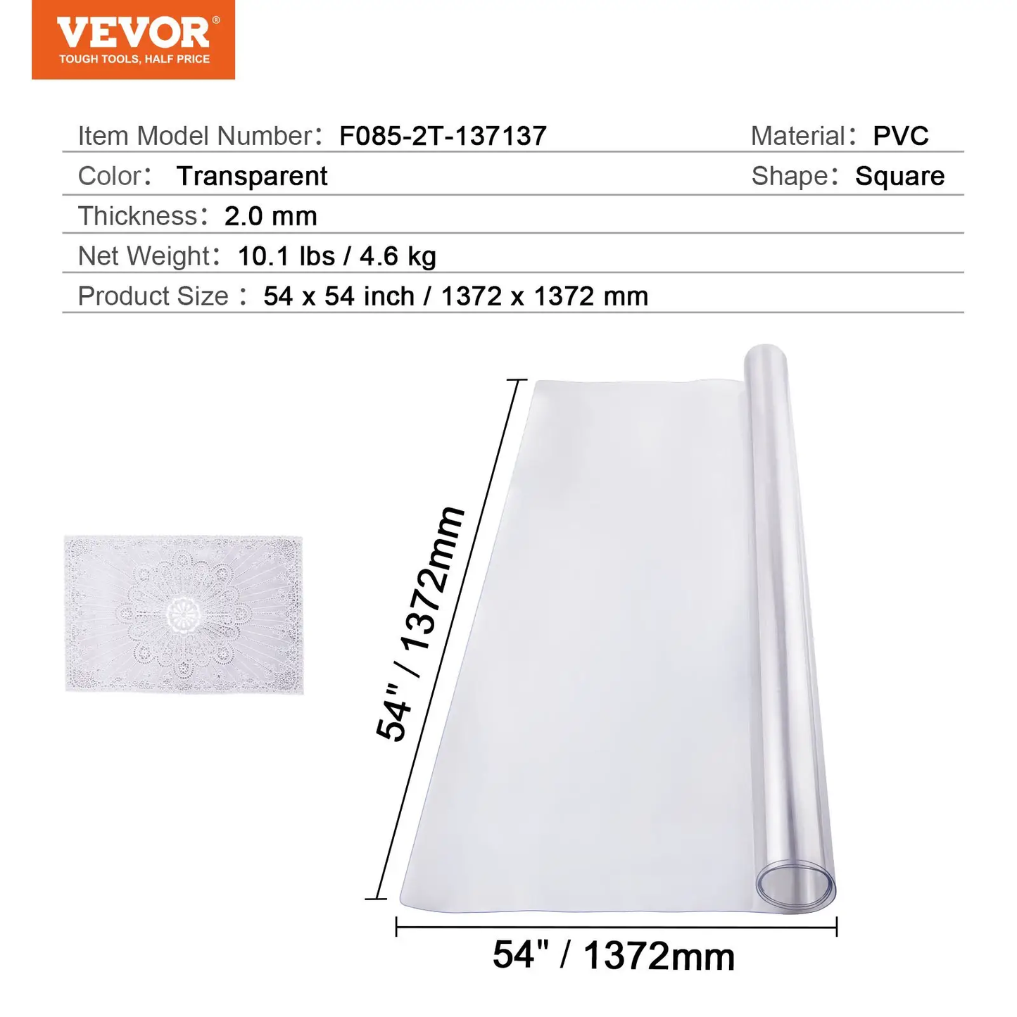 VEVOR Plastic Table Cover, 54 x 54 Inch 2.0 mm Thick Clear Table Protector, Square PVC Desk Mat, Waterproof & Easy Cleaning Desk Pad Tablecloth, for Office Dresser Dining Room Table Night Stand by All Mart Bristol Ltd