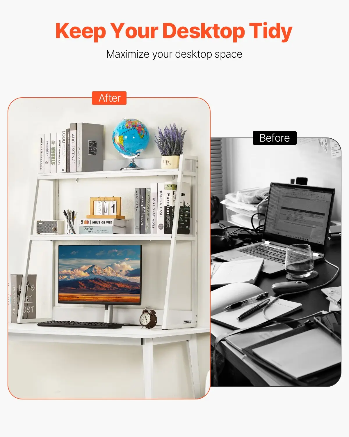 VEVOR Desktop Bookshelf, 2-Tier Desktop Storage Organizer, 37.4" x 12.6" x 35.4" Office Desk Storage Rack Display Shelf, Desktop Bookshelf Hutch with Anti-Slip Feet Pads, for Office, Home & Dorm, White by All Mart Bristol Ltd
