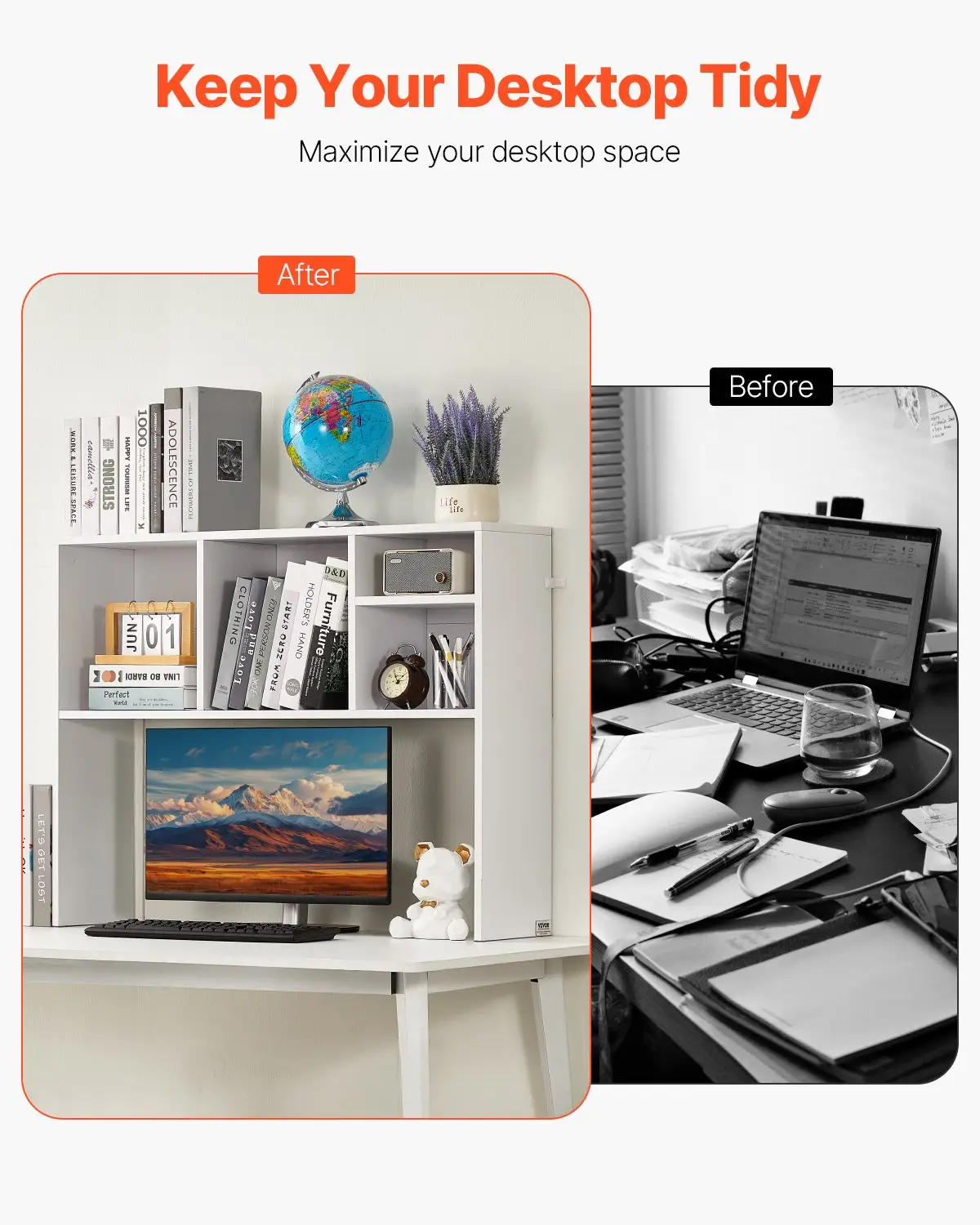 VEVOR Desktop Bookshelf, 1-Tier Desktop Storage Organizer, 37" x 9.4" x 28.7" Office Storage Rack Wood Display Shelf, Desktop Bookshelf Hutch with Anti-Slip Feet Pads, for Office, Home & Dorm, White by All Mart Bristol Ltd