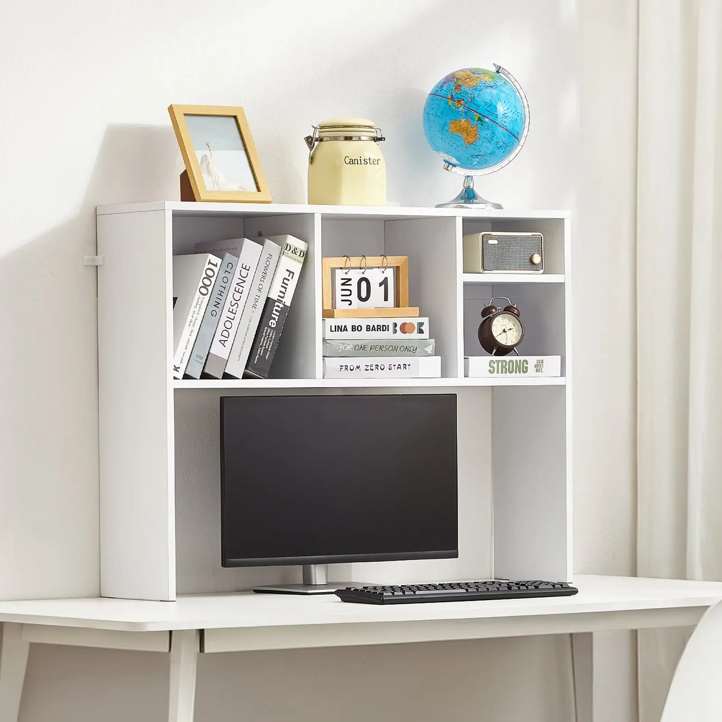 VEVOR Desktop Bookshelf, 1-Tier Desktop Storage Organizer, 37" x 9.4" x 28.7" Office Storage Rack Wood Display Shelf, Desktop Bookshelf Hutch with Anti-Slip Feet Pads, for Office, Home & Dorm, White by All Mart Bristol Ltd
