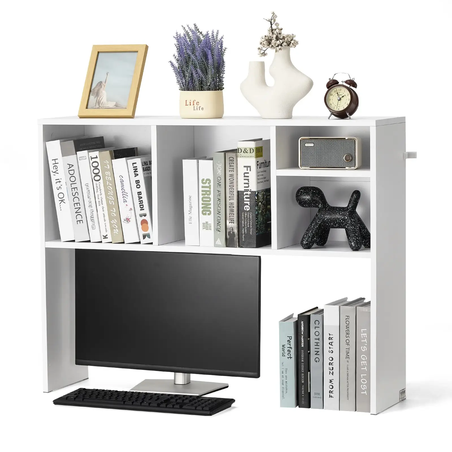 VEVOR Desktop Bookshelf, 1-Tier Desktop Storage Organizer, 37" x 9.4" x 28.7" Office Storage Rack Wood Display Shelf, Desktop Bookshelf Hutch with Anti-Slip Feet Pads, for Office, Home & Dorm, White by All Mart Bristol Ltd