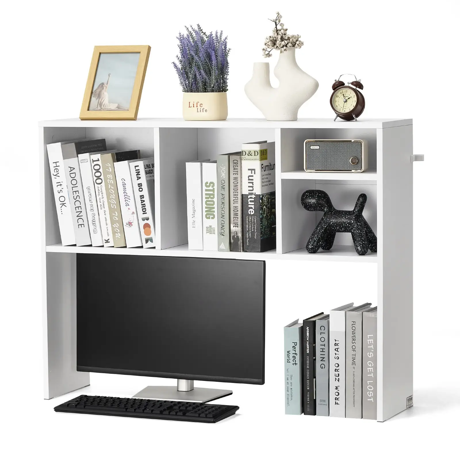 VEVOR Desktop Bookshelf, 1-Tier Desktop Storage Organizer, 37" x 9.4" x 28.7" Office Storage Rack Wood Display Shelf, Desktop Bookshelf Hutch with Anti-Slip Feet Pads, for Office, Home & Dorm, White by All Mart Bristol Ltd