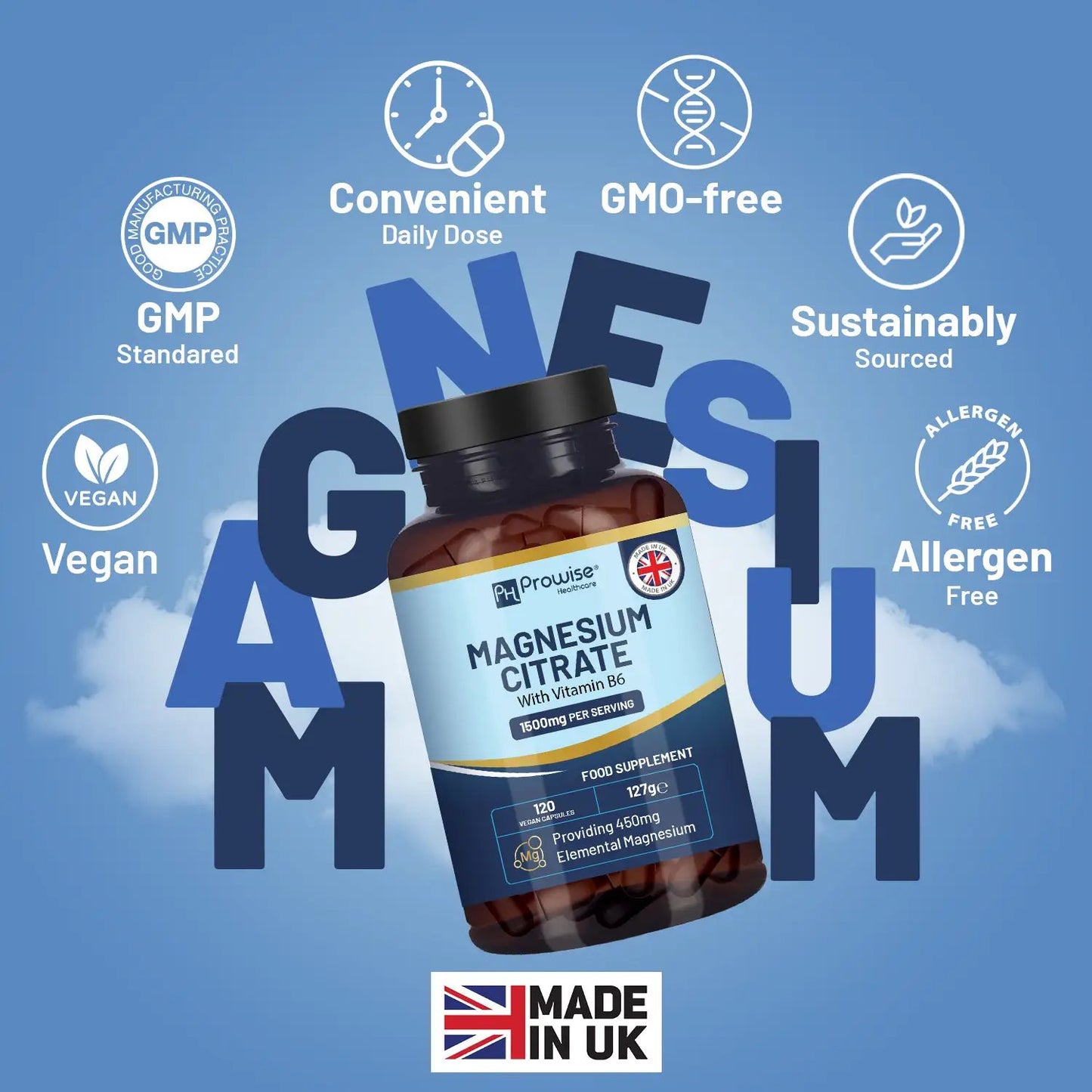 Magnesium Citrate Capsules 1500mg with Vitamin B6 by Prowise Healthcare