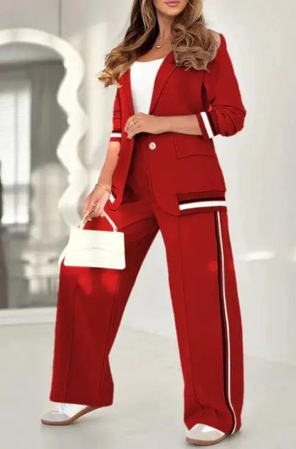 2 Pcs Set Women Suit Coat Pants Suit Lapel Long Sleeves Lady Jacket Wide Leg High Waist Trousers Female Commuting Office Outfit by Dropshipman