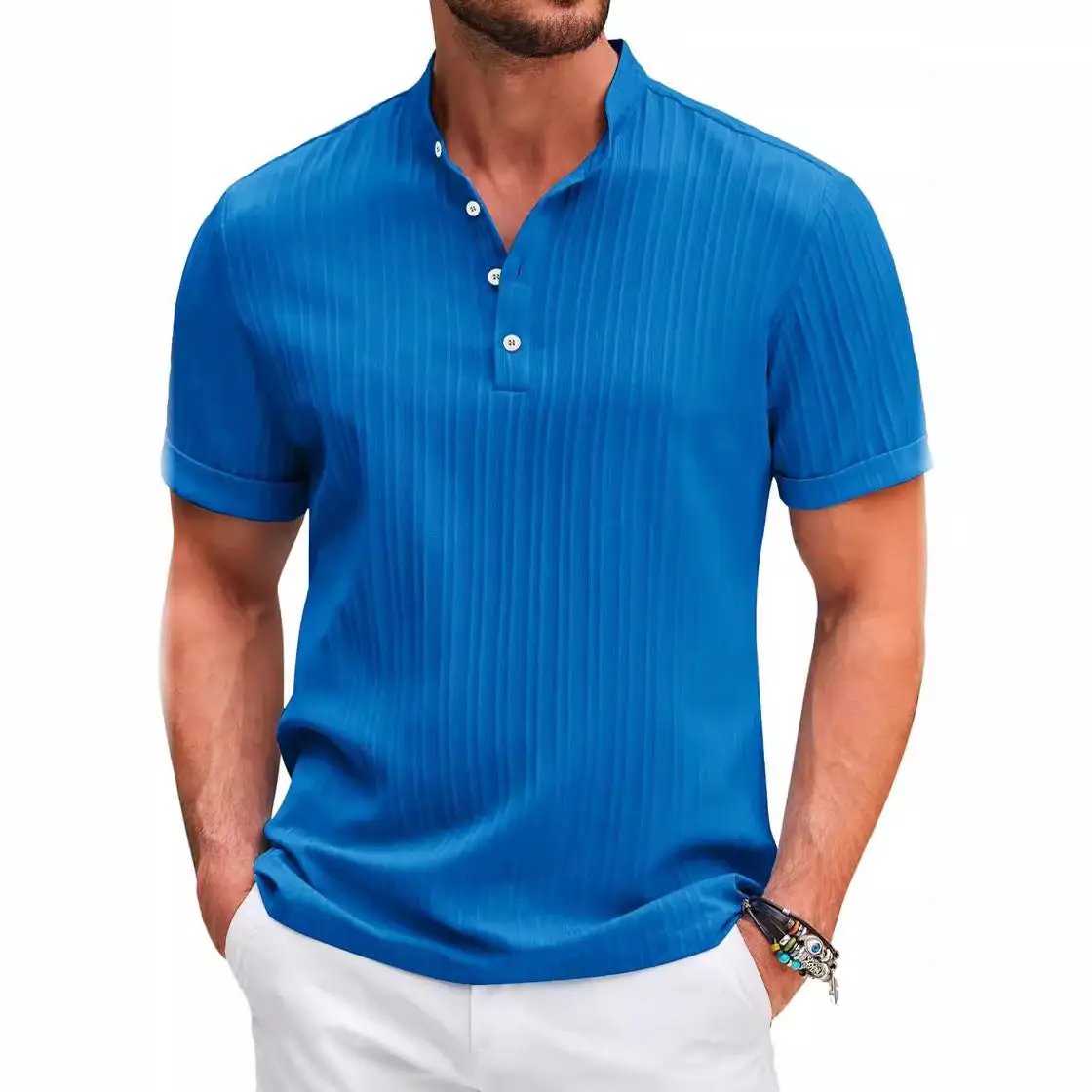 Summer Stand Collar Buttons Short Sleeve T-shirt Solid Color Stripe POLO Shirt Fashion Casual Beach Clothing For Men by Dropshipman