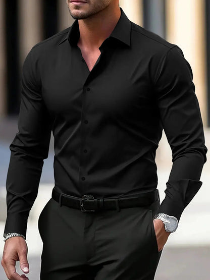 Men's Shirt Business Button Down Shirt Summer Solid Color Long Sleeve Lapel Vacation Shirt Fashion Temperament Casual Tops by Dropshipman