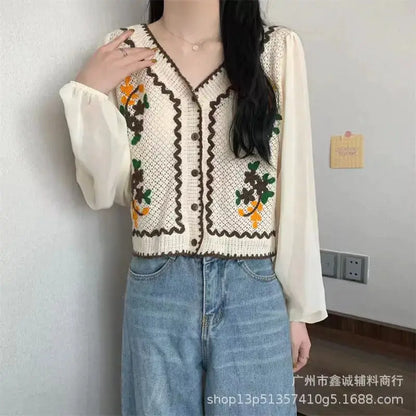 New Embroidered Lace Collar Short-Sleeved Chiffon Blouse for Women - Minimalist Chic Style, with Open and Loose Fit Top. by All Mart Bristol Ltd