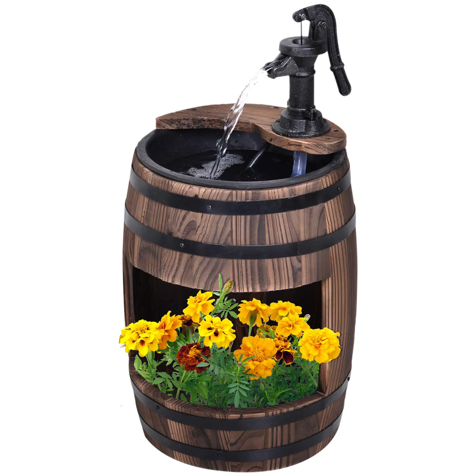 Outsunny Wood Barrel Pump Garden Fountain Water Feature Flower Planter Stand New by Outsunny
