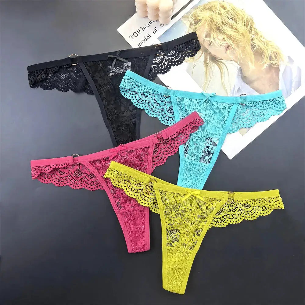 4Pcs Sexy Lace Thong Panties Women Low Rise Transparent Lingerie Set Plus Size by All Mart Bristol Ltd