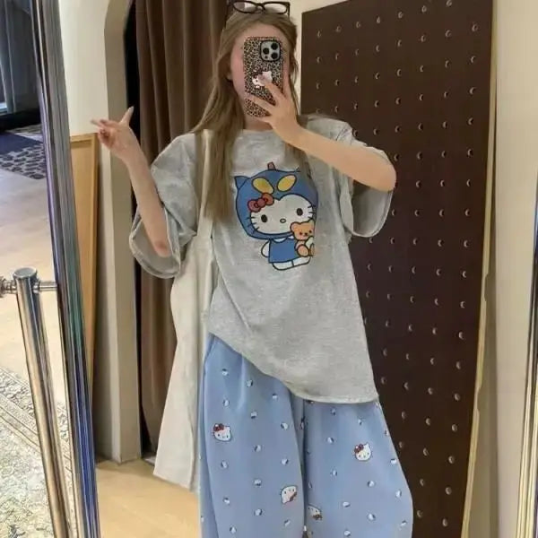 Short Sleeved Hello Kitty Printed T-Shirt Sanrio Women's Summer New Loose Design Versatile Pure Cotton Tops Fun Street Fashion by All Mart Bristol Ltd