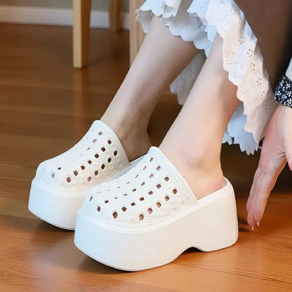 Chunky Thick Sole 7cm Platform Slippers Women Hollow Perforated Breathable Mules Shoes Concise Woman Height Boost Summer Slides by All Mart Bristol Ltd