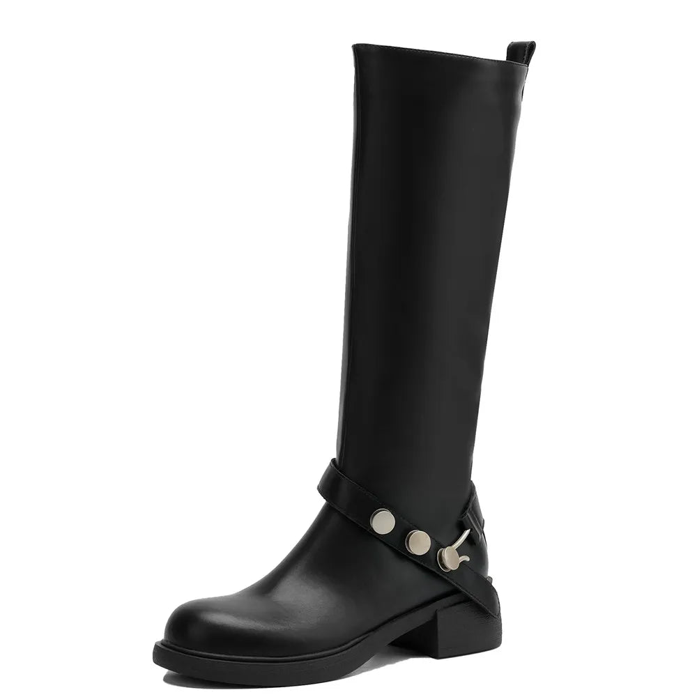 MILI-MIYA New Women's Cowhide Riding Boots Round-Toe Chunky Heel Solid-Colour Knee-High Boots Classic Metal Buckle Detail Handma by All Mart Bristol Ltd