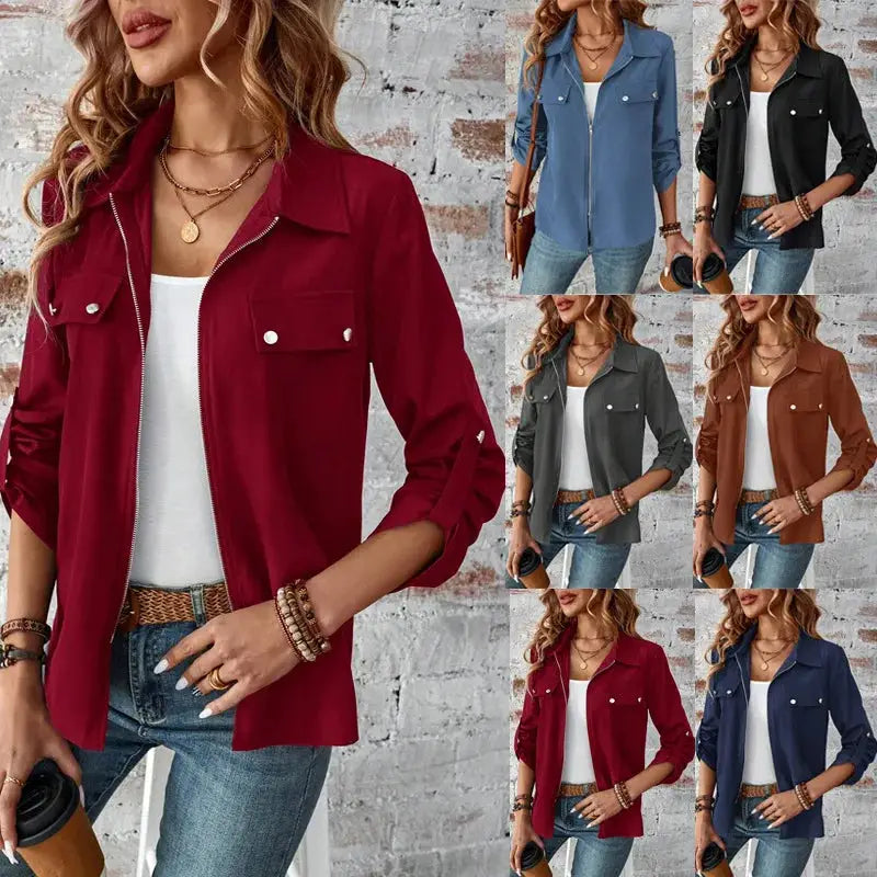 New Style European-Style Collar Zipper Cardigan with A Hood and A Plain-Colored Long-Sleeved Coat for Women by All Mart Bristol Ltd